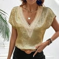 thumbnail image 1 of New Summer Arrivals Olyvenn Womens Cap Sleeve Summer Tops 2025 Trendy Tank Tops Patchwork Lace V Neck Short Sleeve T Shirts Loose Fit Shirts Gold L, 1 of 7