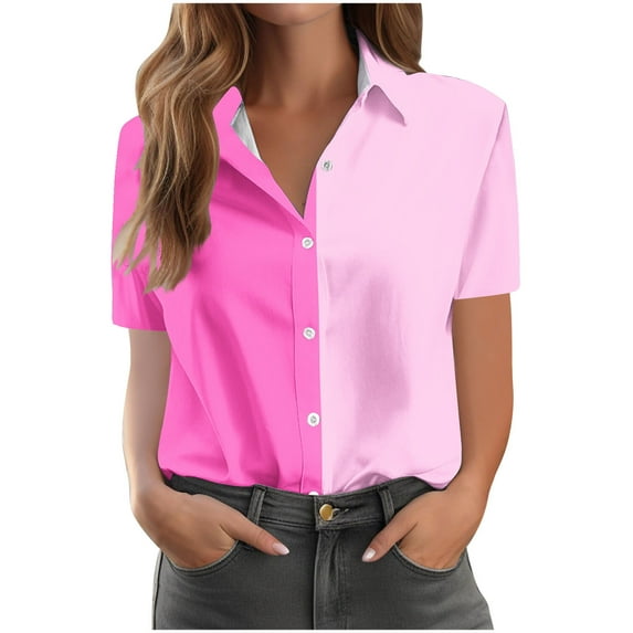 New Summer Arrivals Olyvenn Womens Color Block Button Down Shirt Short Sleeve V-Neck Lapel Print Blouses Fashion Summer Casual Tops Pink M
