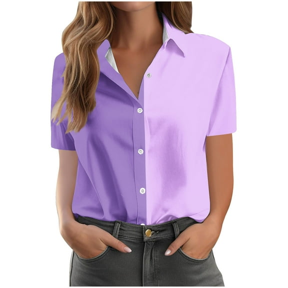 New Summer Arrivals Olyvenn Womens Color Block Button Down Shirt Short Sleeve V-Neck Lapel Print Blouses Fashion Summer Casual Tops Purple XL