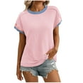 thumbnail image 1 of New Summer Arrivals Olyvenn Womens Color Block Oversized Tops Trendy Casual Summer Textured Ribbed Knit T Shirts Loose Fit Short Sleeve Tshirts Pink S, 1 of 7