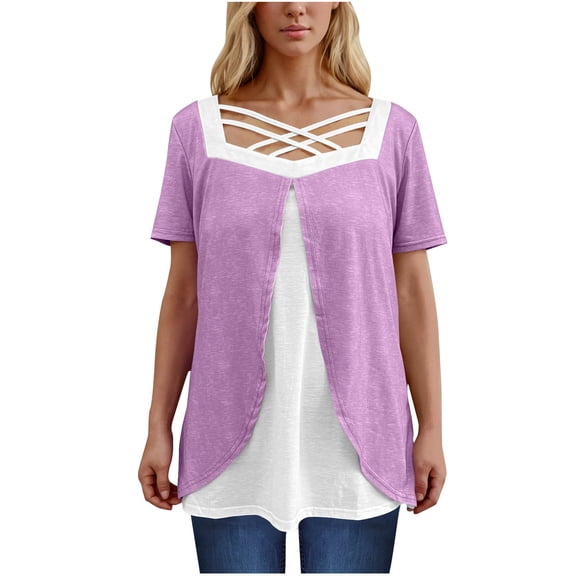 New Summer Arrivals Olyvenn Womens Plus Size Tops Summer Dressy Hollow Out Boat Neck Short Sleeves Lightweight T-Shirt Color Blocked Patchwork Tee Purple XL
