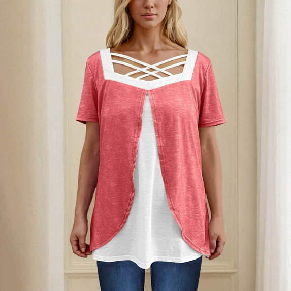 New Summer Arrivals Olyvenn Womens Plus Size Tops Summer Dressy Hollow Out Boat Neck Short Sleeves Lightweight T-Shirt Color Blocked Patchwork Tee Watermelon Red XXXXL