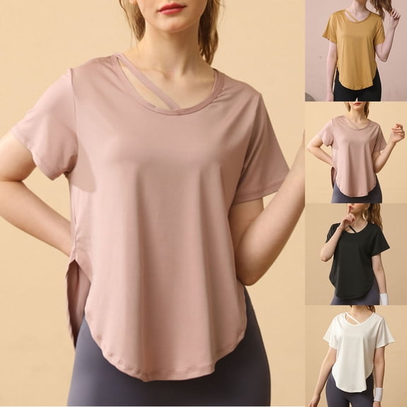 New Summer Arrivals Olyvenn Womens Soft Crewneck Sports T Shirts Tops Summer Loose Short Sleeve Blouses Breathable Side Slits Plus Size Tee Black XXL