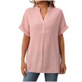 thumbnail image 1 of New Summer Arrivals Olyvenn Womens Solid Cotton Linen Shirts V Neck Summer Beach Blouses Tops Loose Casual Short Sleeve Button Up Boyfriend Shirt Pink L, 1 of 8