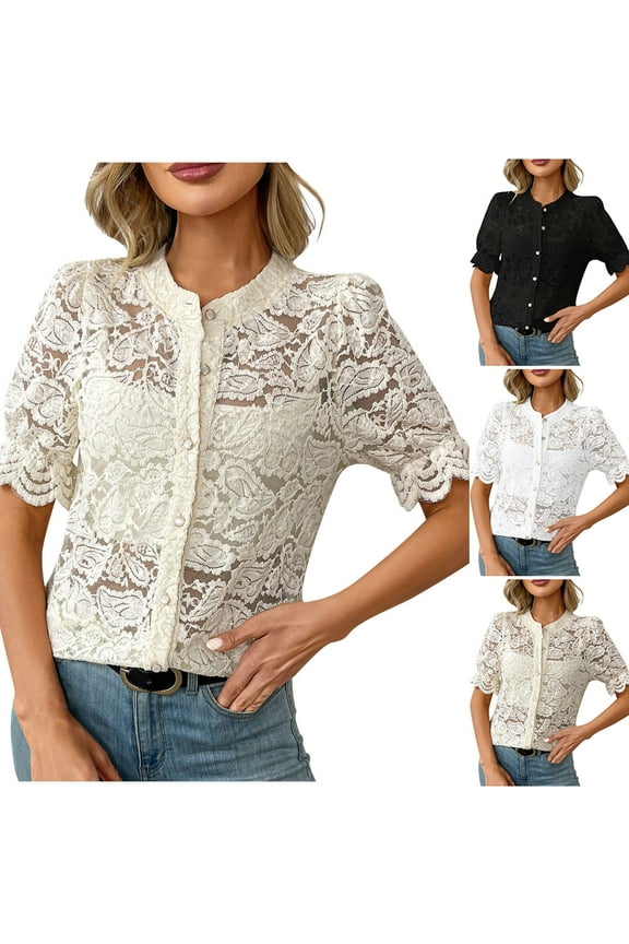New Summer Arrivals Olyvenn Womens Summer Lace Tops Short Puff Sleeve Casual Dressy Blouses Eyelet Crew Neck Button Down Shirts Beige S