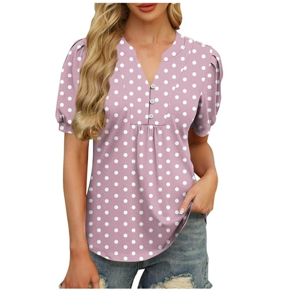 New Summer Arrivals Olyvenn Womens Summer Plus Size Tunic Tops Polka Dot Print Short Sleeve Blouses V Neck Casual Floral Henley Shirts Pink S