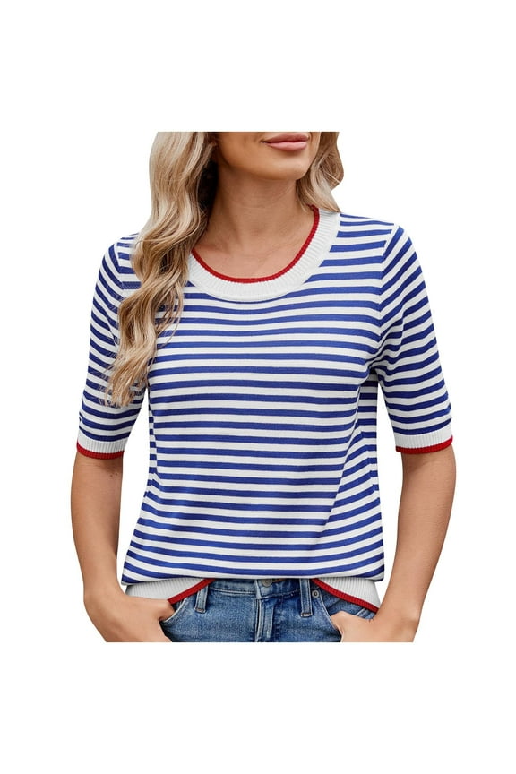 New Summer Arrivals Olyvenn Womens Tops Casual Summer Crewneck Short Sleeve Striped Color Block Knit High Low Trendy Pullover Sweaters Blue L
