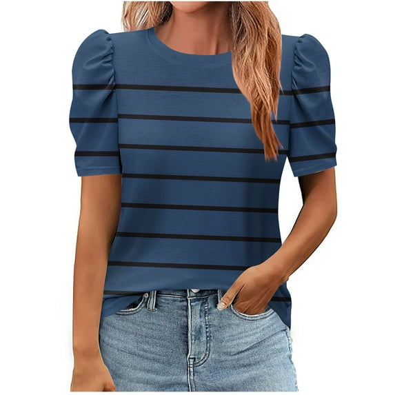 New Summer Arrivals Olyvenn Womens Tops Crew Neck Striped Tshirt Puff Short Sleeve Casual Loose Tees Comfort Colors Tshirt 2025 Summer Outfits Navy M