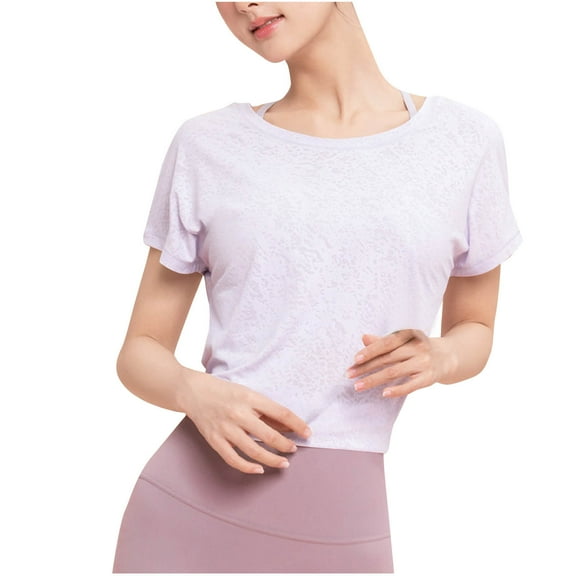 New Summer Arrivals Olyvenn Workout Tops for Women Short Sleeve Loose Athletic Shirts Soft Comfortable Yoga Top Back Tied Running Hiking Tee Purple M