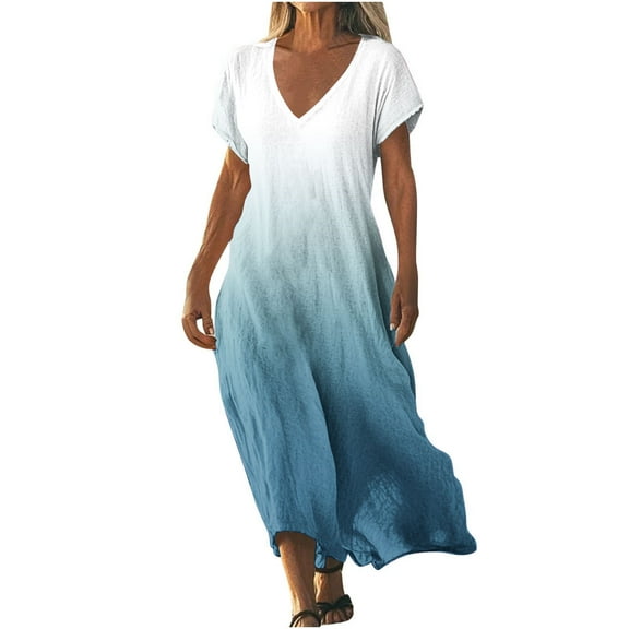 SMihono Flowy Vacation Dress for Women Summer 2025 Trendy Gradient V Neck Casual Short Sleeve A-Line Beach Maxi Dresses White XXL