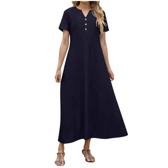 New Summer Arrivals SMihono Maxi Dresses for Women 2025 Short Sleeve Solid Casual Dresses Button V Neck Summer Boho Beach Dress with Pockets Navy M