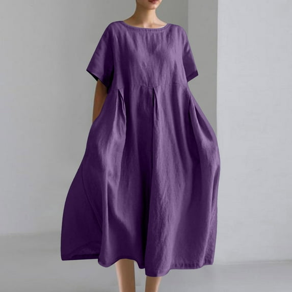 Fashion SMihono Plus Size Flowy Casual Cotton Linen Dress for Women Crewneck Short Sleeve Summer Loose Maxi Dress with Pockets Purple XXXL