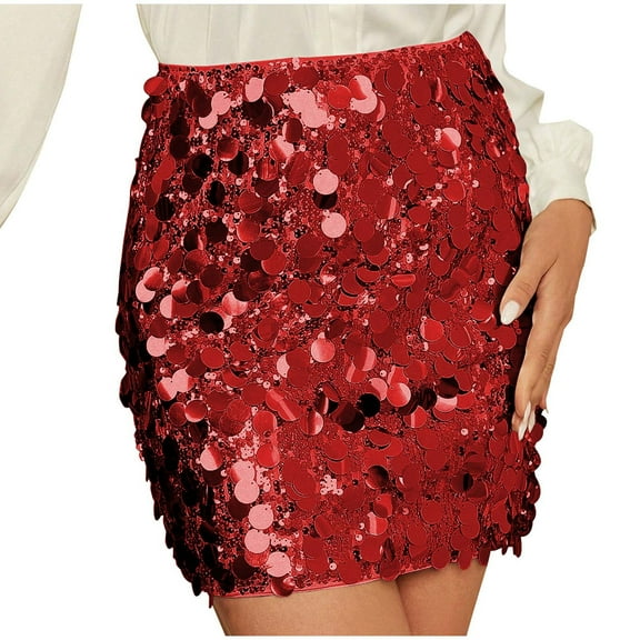 New Summer Arrivals SMihono Sequin Skirt for Women Stretchy Bodycon Mini Skirts Sexy Sparkly Skirt Glitter Shiny Skirt Night Out Party Red 16-18