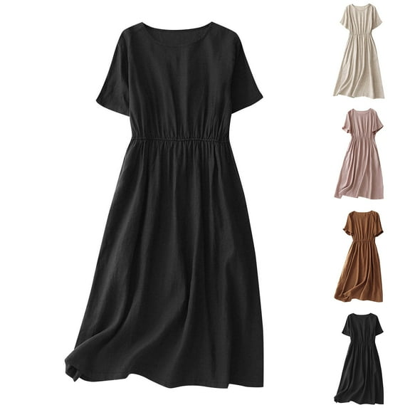New Summer Arrivals SMihono Summer Women Cotton Linen Dresses Vintage Short Sleeve Casual Loose Back Pleated Lightweight Midi Long Dress with Pockets Beige XXL