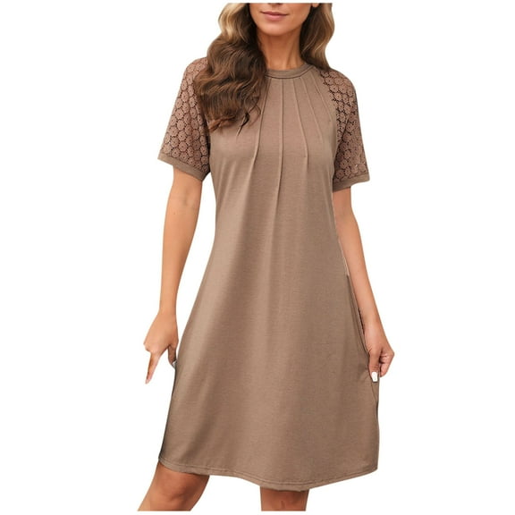 New Summer Arrivals SMihono Trendy Summer Dresses for Women Lace Patchwork Short Sleeve Round Neck Tshirt Dress Pleated Front Vacation Dresses Khaki XXL