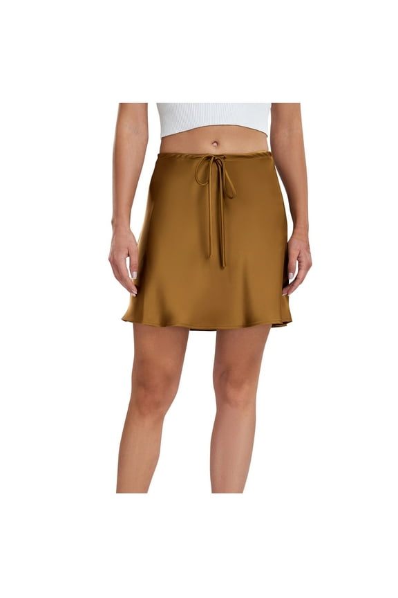 New Summer Arrivals SMihono Women's Drawstring Satin Mini Skirt High Waisted Elegant Casual A-Line Flared Silk Short Skirts for Women Gold 8
