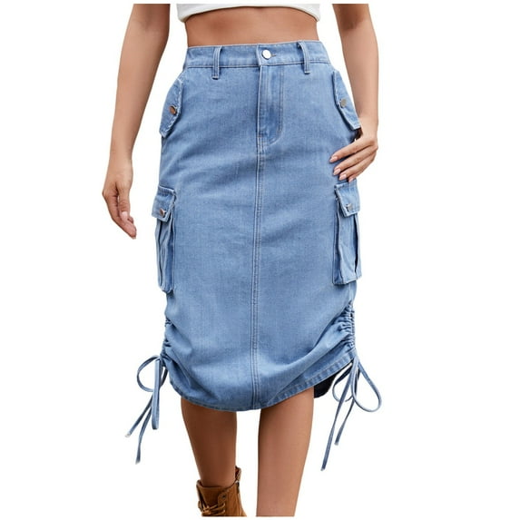 New Summer Arrivals SMihono Women's Drawstring Side Denim Skirt Casual Button High Waisted Y2k Midi Long Cargo Skirts with Pockets Blue S