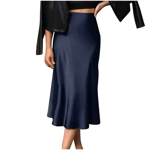 New Summer Arrivals SMihono Women's Elegant Satin Skirts High Waisted Flared Casual Work Office Fishtail Bodycon Midi Skirt Solid Work Skirts Dark Blue 12