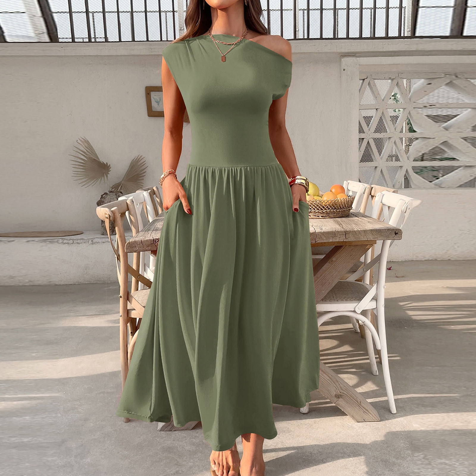New Summer Arrivals SMihono Women's Fashion Collared Summer Long Dresses Pleated Flowing Hem Loose Maxi Dress Elegant Beach Clothes Army Green L