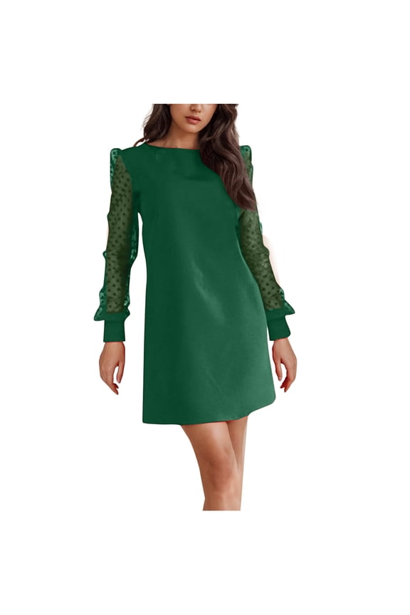 New Summer Arrivals SMihono Women's Mesh Sheer Lantern Long Sleeve Office Mini Dress Elegant Crewneck Loose Short Party Cocktail Pencil Dresses Green S