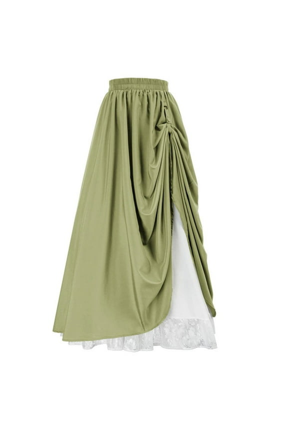 New Summer Arrivals SMihono Women's Renaissance Skirt Victorian Peasant Double-Layer Maxi Long Skirt Color Block Skirt Victorian Dress Green 8
