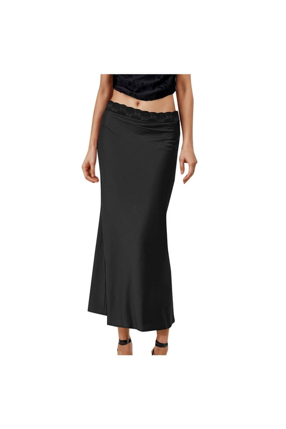 New Summer Arrivals SMihono Women's Satin Silk Maxi Skirts Elegant Lace Trim Flared Casual A-Line Cocktail Party Maxi Long Skirts Black M