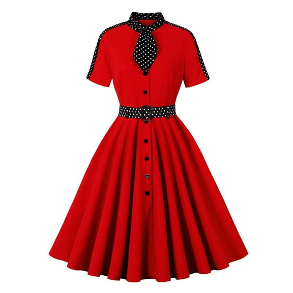 New Summer Arrivals SMihono Women's Short Sleeve Cocktail Dresses 2025 A Line Vintage Party Midi Dress Vintage Wedding Guest Dress Red XL