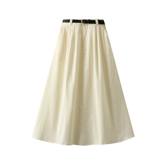 New Summer Arrivals SMihono Women's Summer Cotton and Half Skirt High Waisted Slimming Mid Length A Line Loose Elastic Belt Skirt Fashion Beige Free Size