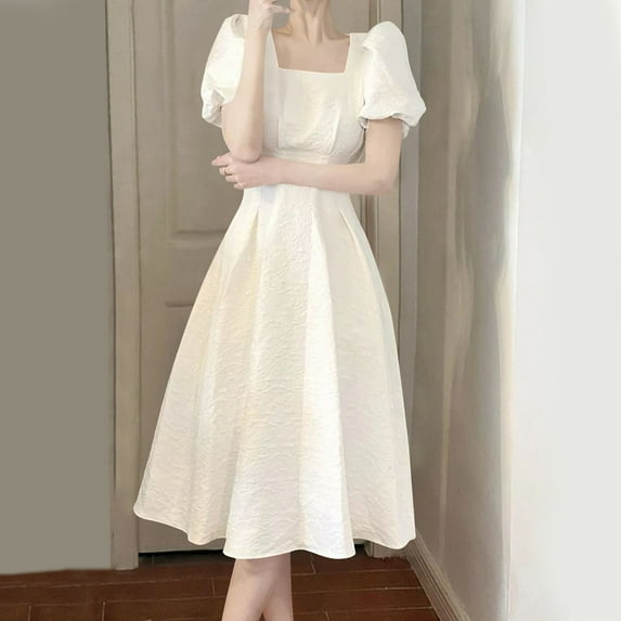 New Summer Arrivals SMihono Women's Summer Dress Square Neck Waist Cinching Slimming Fit Short Sleeve Puff Sleeve Ruffle Midi Dress White M
