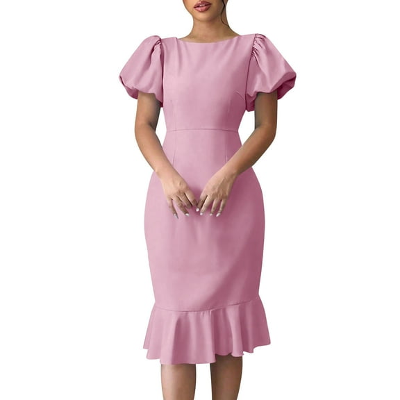 New Summer Arrivals SMihono Women's Summer Puff Short Sleeve Mermaid Dress Elegant Office Slim Solid Party Dress Bodycon Ruffle Dress Pink M
