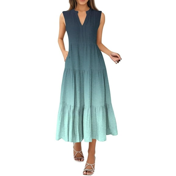New Summer Arrivals SMihono Womens Summer Casual Maxi Dress V Neck Ruffle Sleeve Gradient Long Dresses Fashion Flowy Tiered Boho Beach Vacation Sundress Sky Blue S