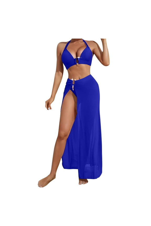 New Summer Arrivals UTSJKR 3 Piece Swimsuit for Women Sexy Halter Bikini Sets with Beach Coverup High Slit Maxi Skirt Vacation Bathing Suit Blue M