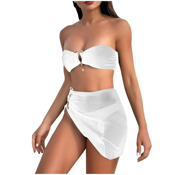 New Summer Arrivals UTSJKR Swimsuit - Women's 3 Piece Bathing Suits Strapless Bikini Set with Cover Up Skirt - hot Sexy Beach Trendy Swimsuits White M