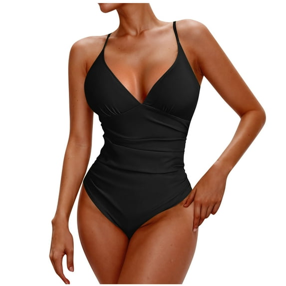 New Summer Arrivals UTSJKR Women One Piece Swimsuits Slimming Tummy Control High Waisted Ruched 1 Piece Bathing Suits Spaghetti Strap Swimsuits Black M