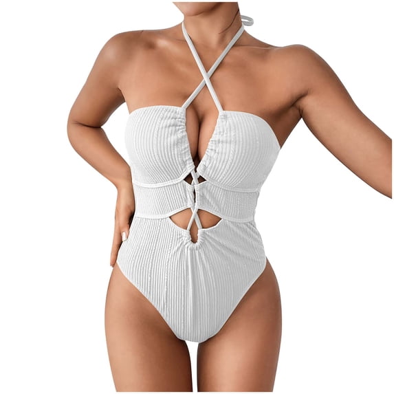 New Summer Arrivals UTSJKR Women's Cut Out Halter One Piece Swimsuit Metal Ring Backless Bathing Suit Wrap Sexy One Piece Summer Bikinis White S