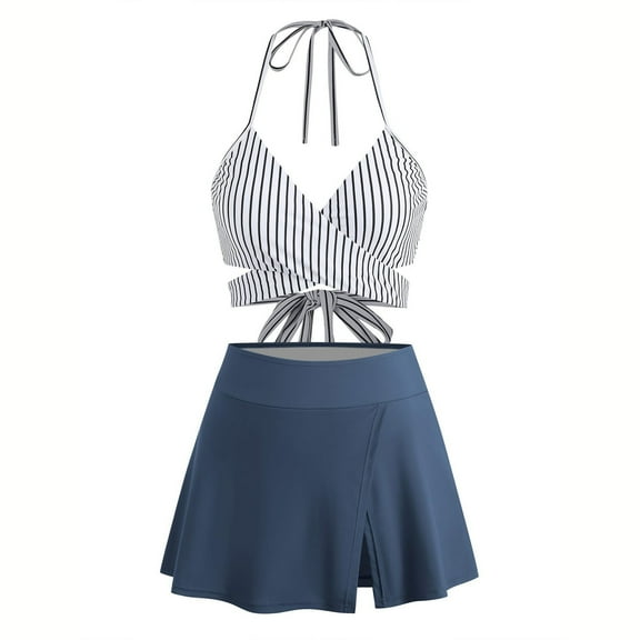 New Summer Arrivals UTSJKR Women's High Waisted Striped Bikini Sets Halter Tops with Swim Skirt Swimsuit Suit for Women 2025 Tummy Control Bathing Suit Multicolor S