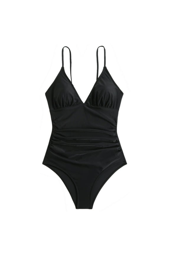 New Summer Arrivals UTSJKR Women's One Piece Swimsuit Ruched Tummy Control Bathing Suits Spaghetti Strap V Neck Monokinis Swimwear Black XL