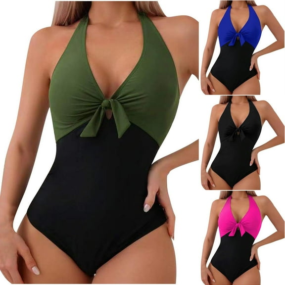 New Summer Arrivals UTSJKR Women's One Piece Swimsuits Halter Bathing Suits Push Up Swim Suits Bow Tie Front Slimming Tummy Control Swimwear Black L
