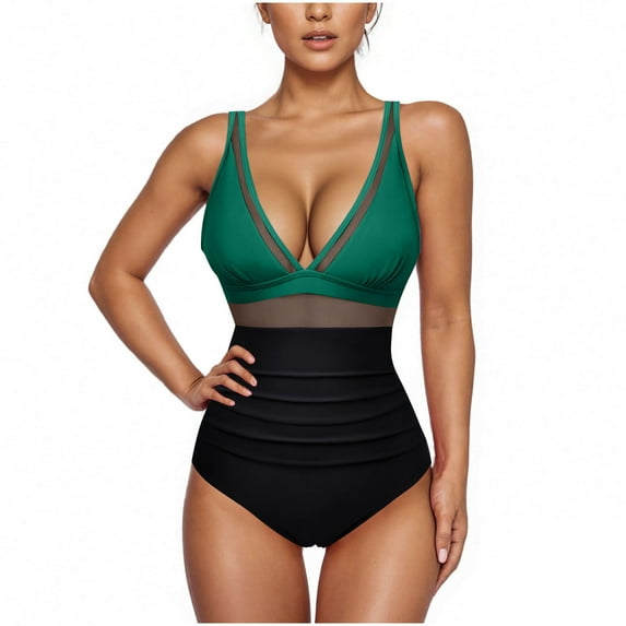 New Summer Arrivals UTSJKR Women's Tummy Control Swimsuits Mesh Hollowed Sexy One Piece Bathing Suits Slimming V Neck Swimwear Army Green XL