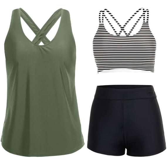 New Summer Arrivals UTSJKR Womens Athletic 3 Piece Tankini Swimsuits with Shorts Swim Tank Tops with Sports Bra and Boyshorts Bathing Suits Green L