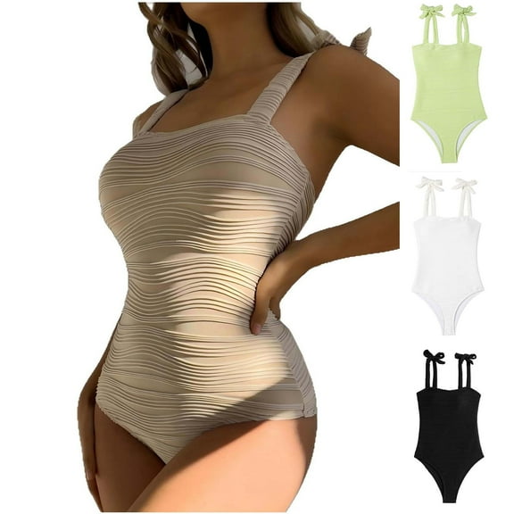 New Summer Arrivals UTSJKR Womens One Piece Swimsuits 2025 Slimming High Cut Swimwear Textured 1 Piece Adjustable Spaghetti Straps Bathing Suits Black L