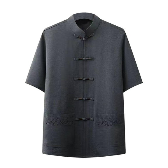 New Summer Arrivals YLSDY Men's Short Sleeve Kung Fu Shirts Chinese Traditional Tai Chi Mandarin Collar Frog-Button Shirt Summer Casual Tops Dark Gray S