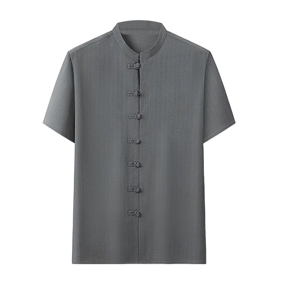 New Summer Arrivals YLSDY Men's Vintage Button Down Shirt Stand Collar Short Sleeve T-Shirts Stylish with Multi Pockets Business Casual Dress Work Shirts Green S