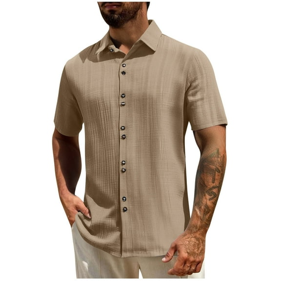 New Summer Arrivals YLSDY Oversized T Shirts Men Summer Button Down Short Sleeve Shirt Fashion Solid Cotton Top Retro Casual Beach Tee Shirts Khaki M