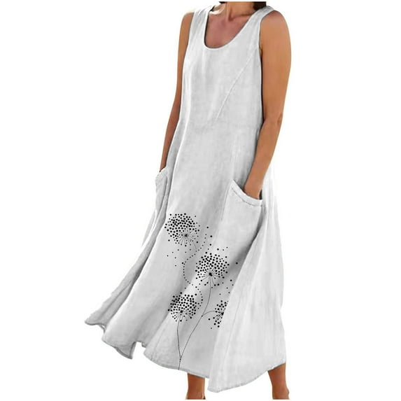 New Summer Dresses for Womens 2024 Plus Size Fashion Sleeveless Cotton And Linen Round Neck Printed Long Dress