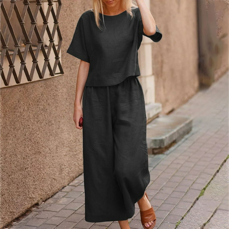 New Summer Drop,AXXD Plus Size Round Neck Short Sleeve Tops Pants Suit Sets Womens  Black Dress Pants Clearance Free Shipping Black 14 