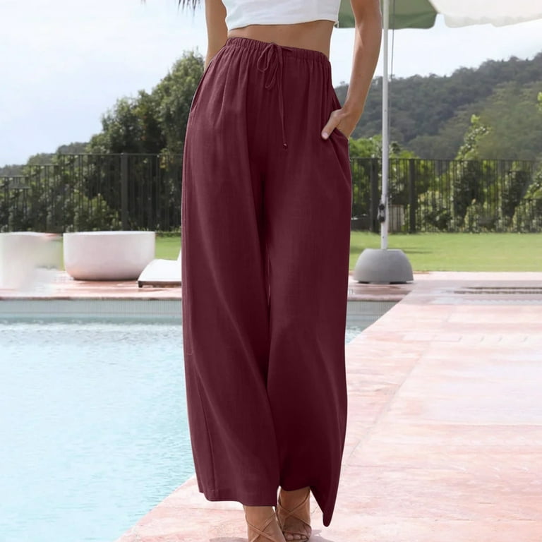 New Summer Drop,AXXD Plus Size Solid Pants Elastic High Waist Wide Leg  Length Pants Women Jumpsuits On Clearance Shorts Red 14 