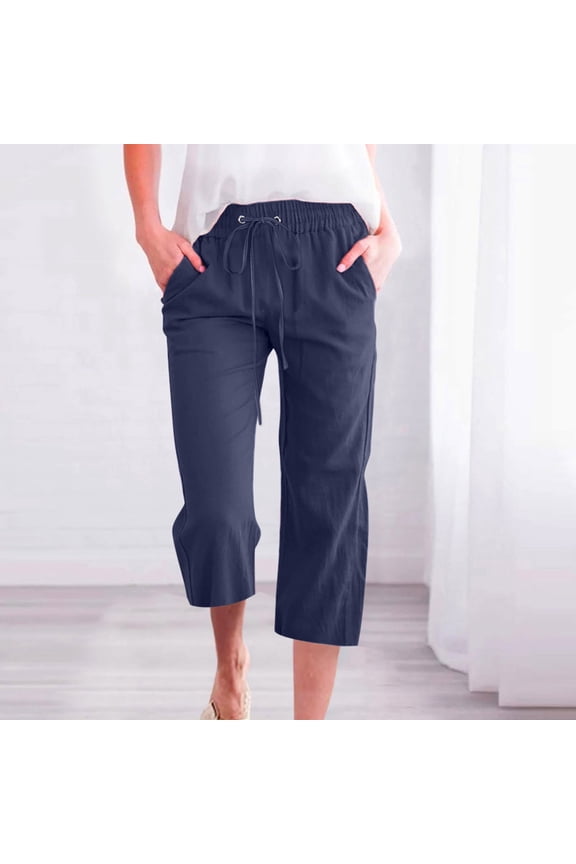 Capris Pants for Women Solid Elastic Pants Straight Wide Leg With Pocket Woman Cargo Pants Navy 4