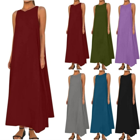 New Summer Fashion Dresses for Womens 2025 Plus Size Casual Round Neck Sleeveless Solid Beach Sundresses Boho Dress Dresses