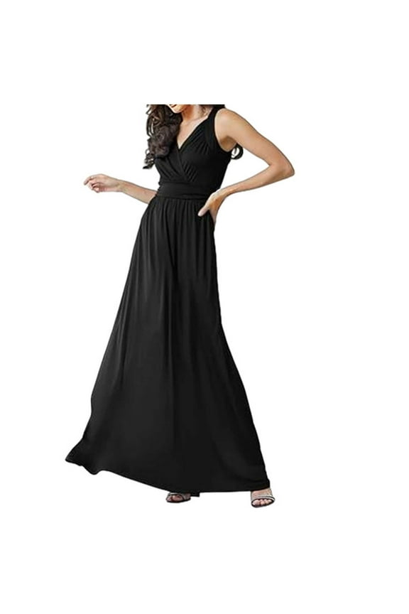 New Summer Fashion Dresses for Womens 2025 Plus Size Classic Solid V-Neck Sleeveless Waist Wrapped Evening Dress